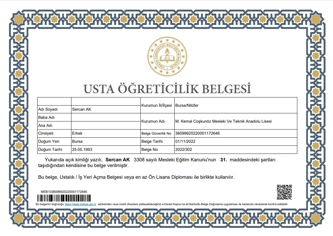 Usta Öğretici Belgeleri